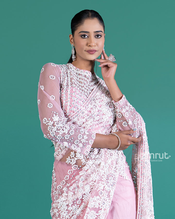 Light Pinkish-Rose Net Saree with White Embroidery and Beaded Long Sleeve Blouse