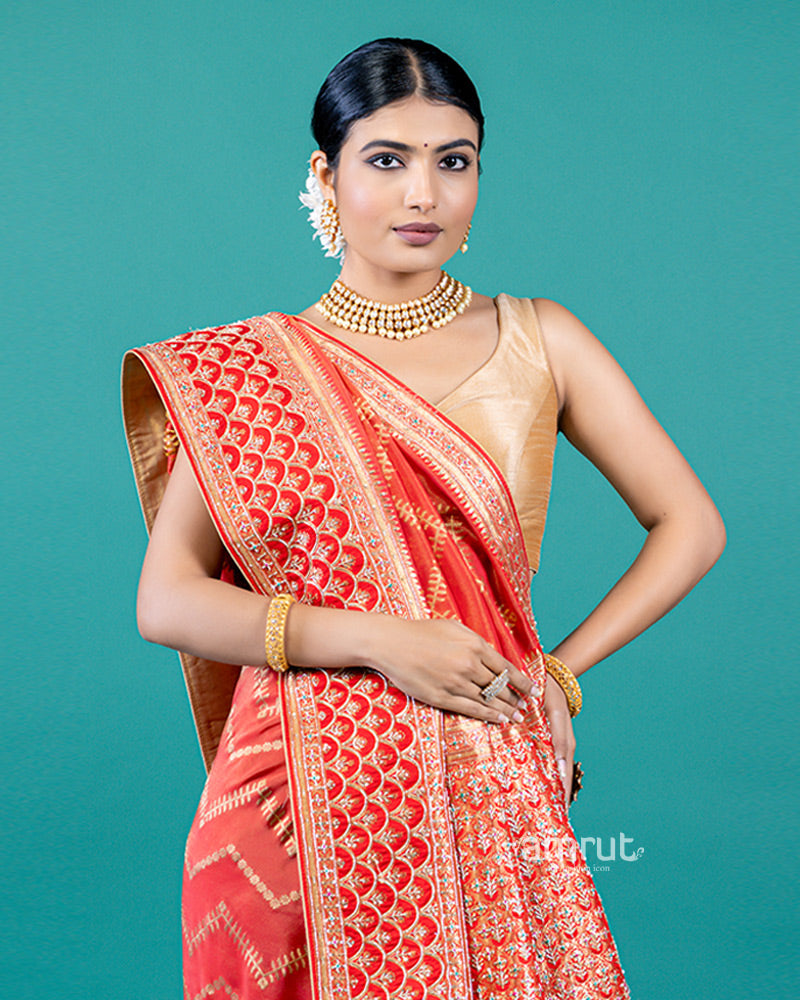 Red Silk Saree with Gota Patti Embellishments and Unstitched Blouse