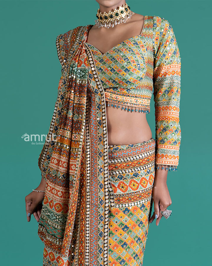Yellow with Multicolored Mirror Embroidered Saree with Stitched Blouse