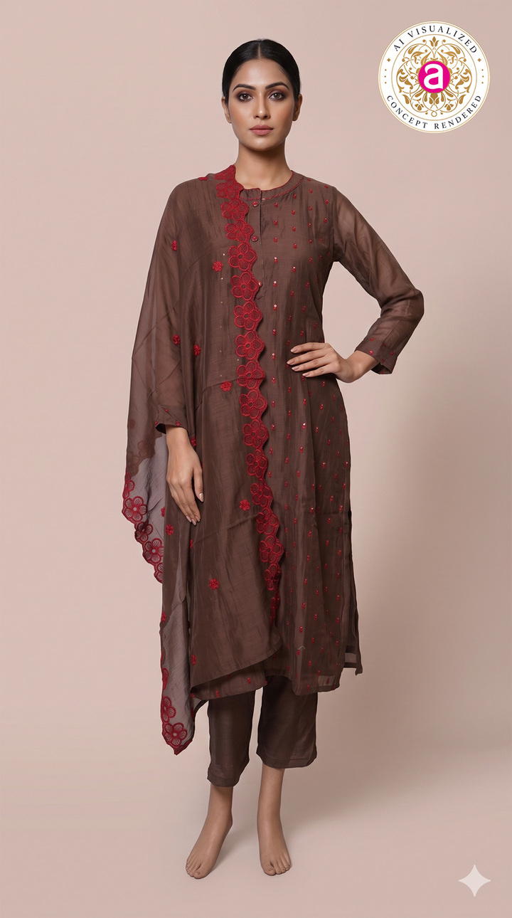 Coffee Brown Embroidered Kurta Pant Set with Dupatta