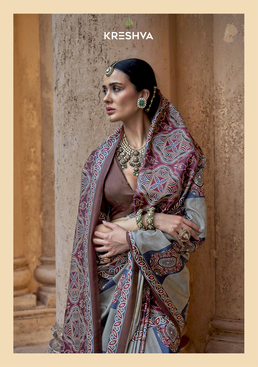 Steel Blue & Brown Ajrakh Printed Saree with Heritage Circular Motifs