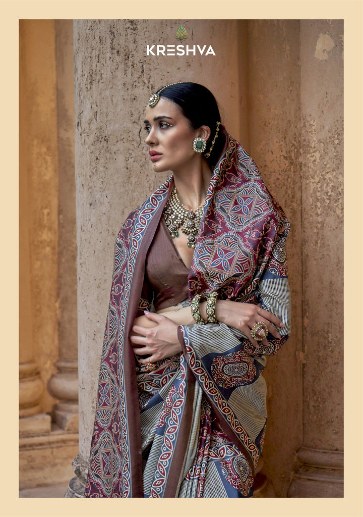 Steel Blue & Brown Ajrakh Printed Saree with Heritage Circular Motifs