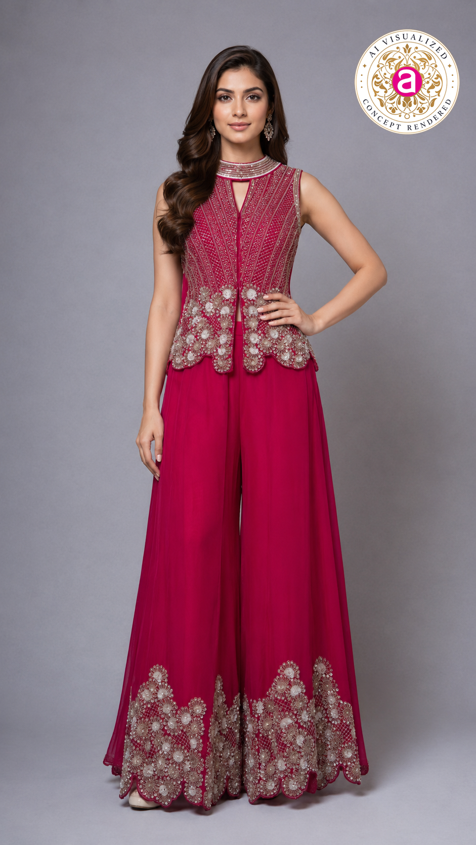 Rani Pink Embroidered Palazzo Set with Statement Jacket Top