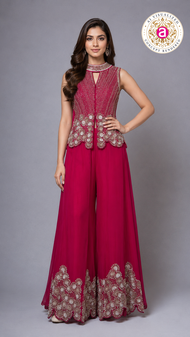 Rani Pink Embroidered Palazzo Set with Statement Jacket Top