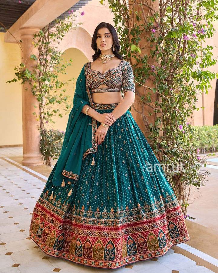 Teal Sequins Embroidered Lehenga Choli with Matching Dupatta