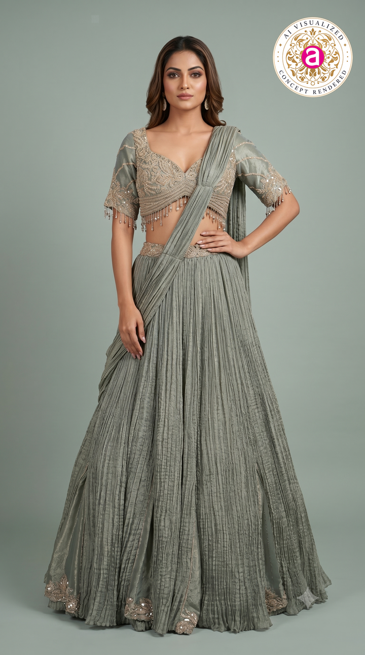 Dusty Sage Green Crushed Lehenga Set with Embroidered Blouse & Drape Dupatta