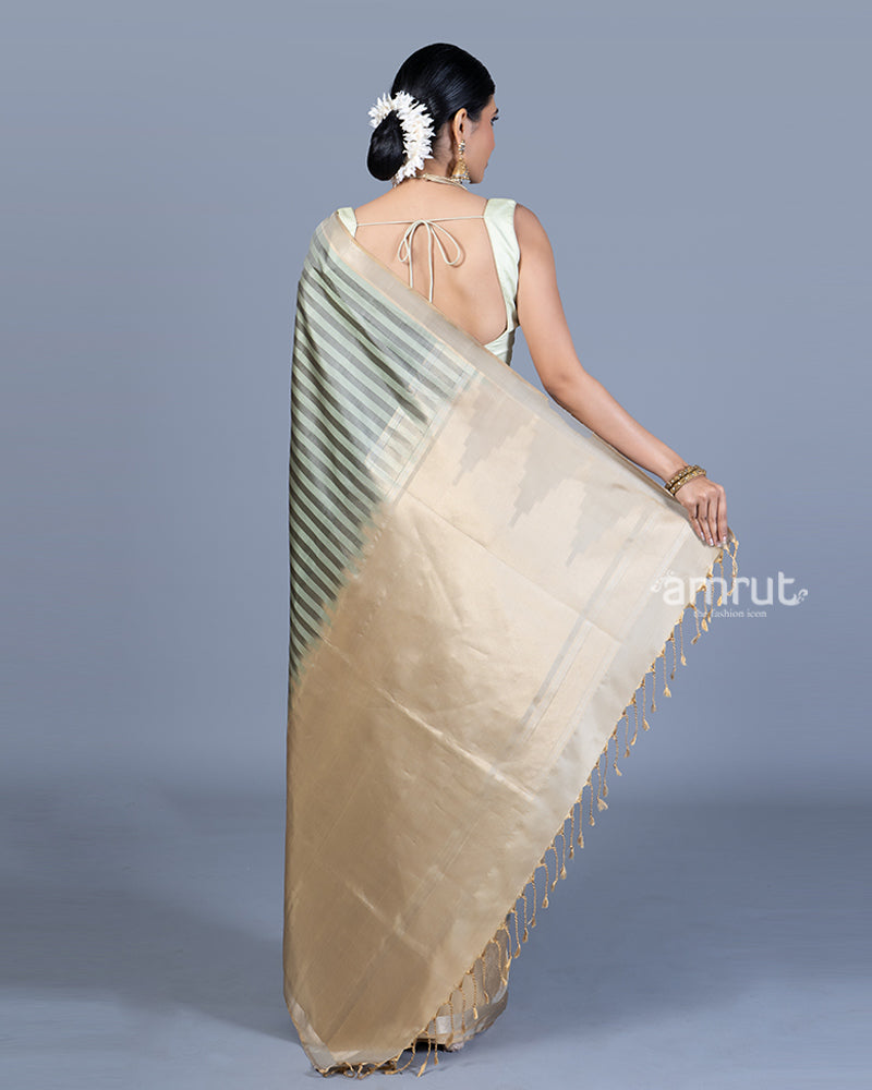 Light Sage Green and Beige Striped Saree with Unstitched Blouse