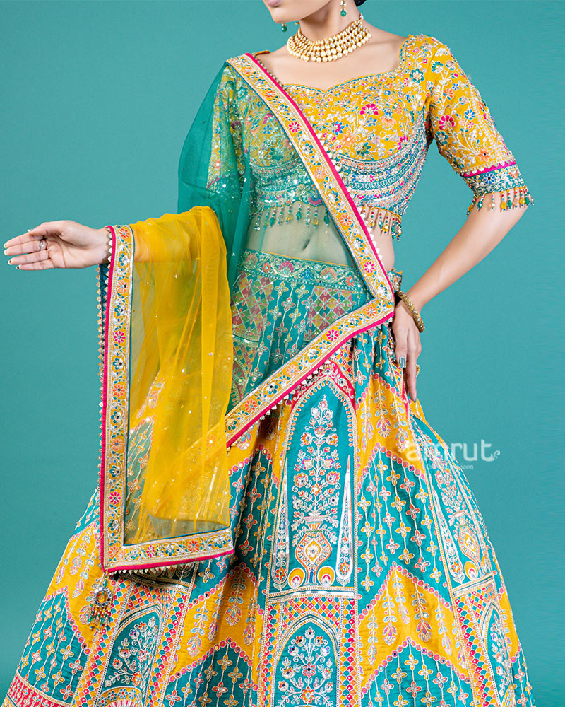 Teal Green and Mustard Yellow Embroidered Lehenga Choli with Yellow Dupatta