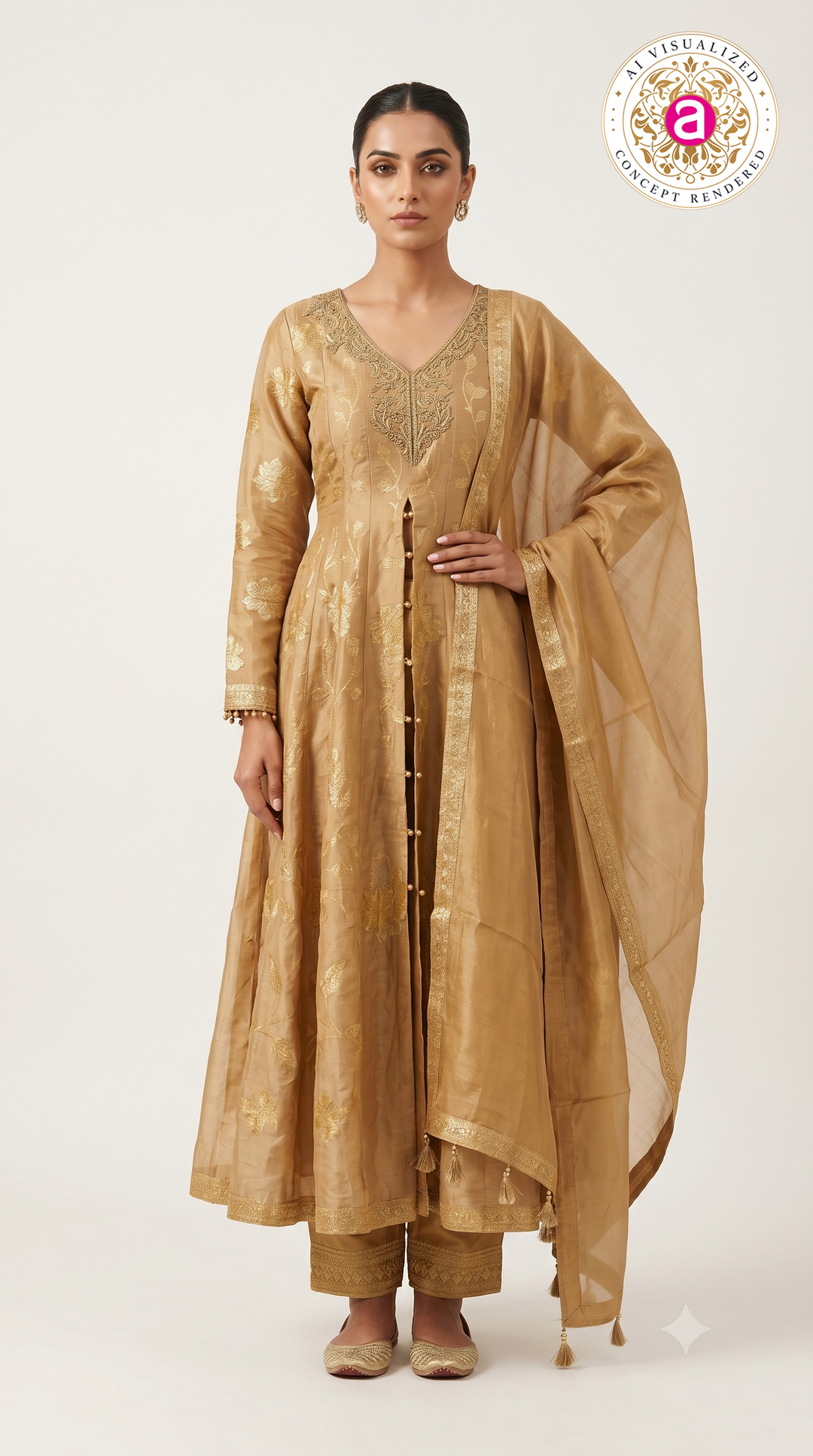 Golden Beige Floral Woven Anarkali Suit Set