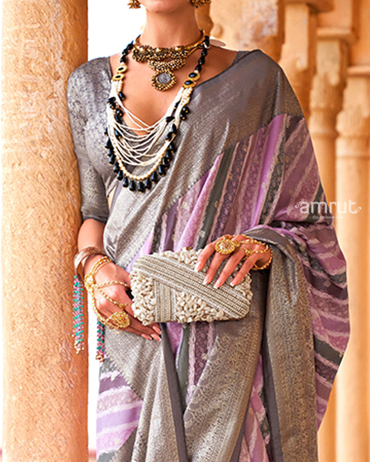 Lavender Striped Pattern and Grey Silver Border Silk Saree with Unstitched Blouse