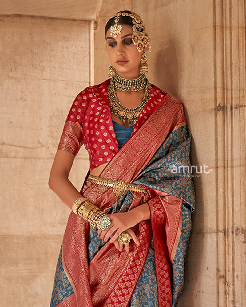 Gray-Blue and Reddish-Maroon Gold-Toned Ethnic Motifs Design Zari Silk Saree with Unstitched Blouse