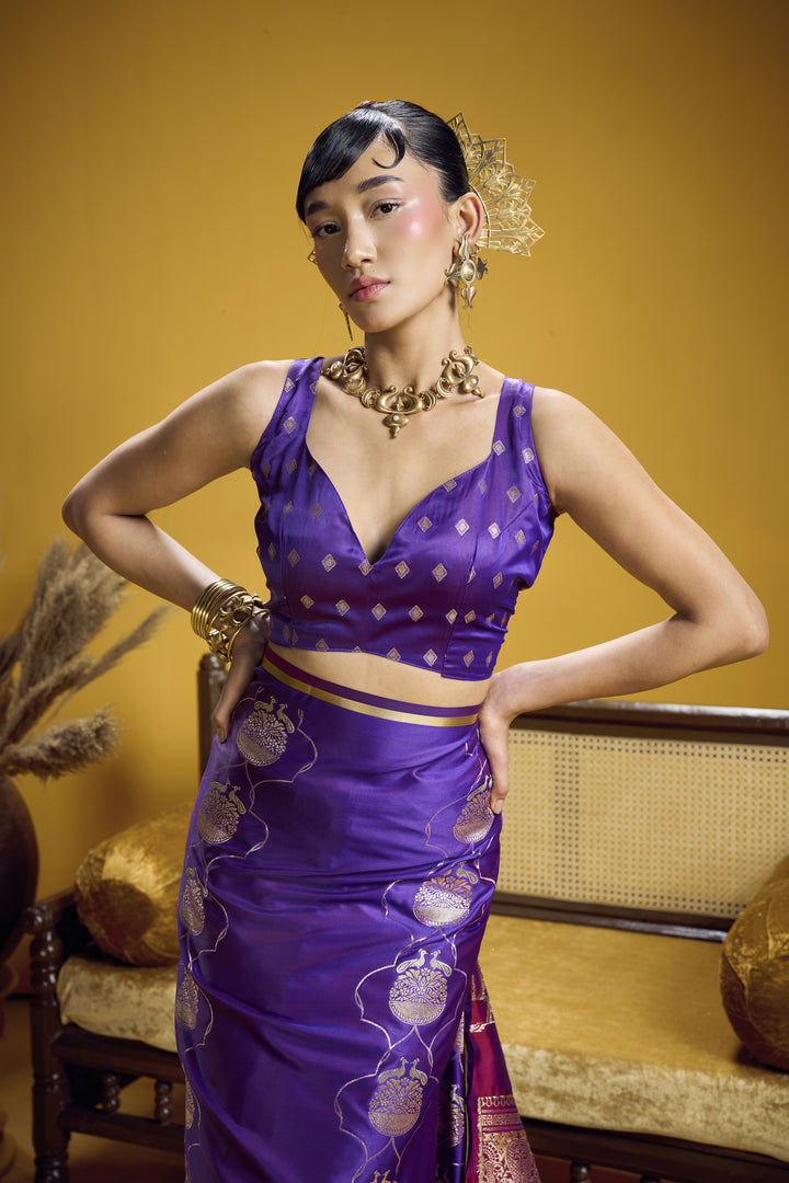 Royal Purple Satin Handloom Saree with Gold Woven Pallu