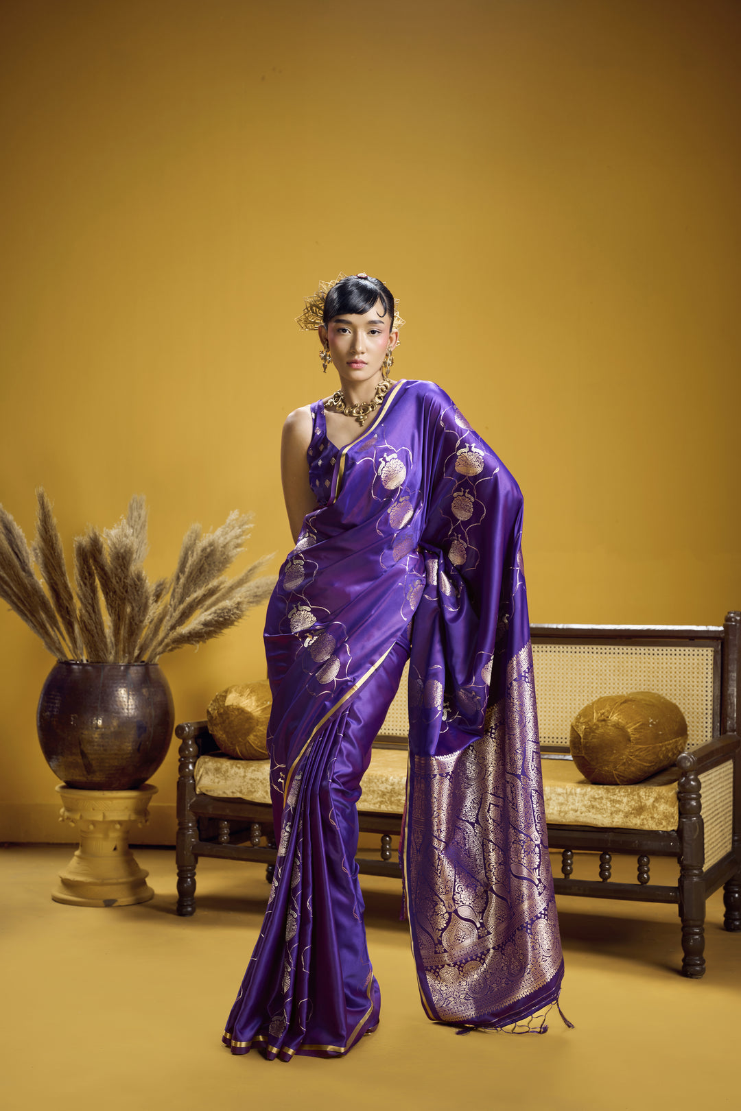 Royal Purple Satin Handloom Saree with Gold Woven Pallu