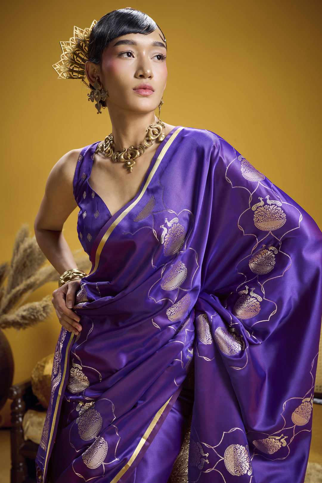 Royal Purple Satin Handloom Saree with Gold Woven Pallu