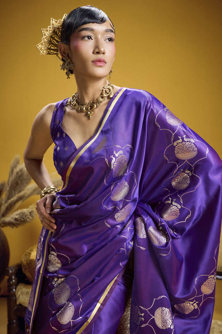 Royal Purple Satin Handloom Saree with Gold Woven Pallu