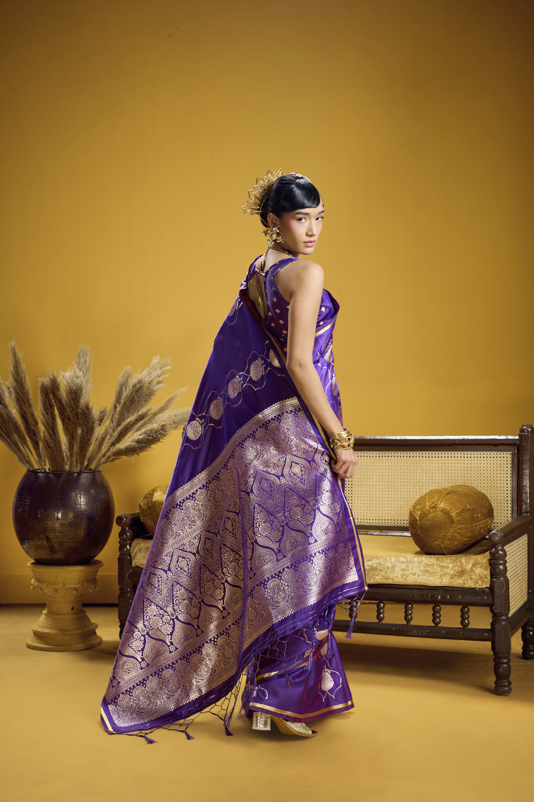 Royal Purple Satin Handloom Saree with Gold Woven Pallu
