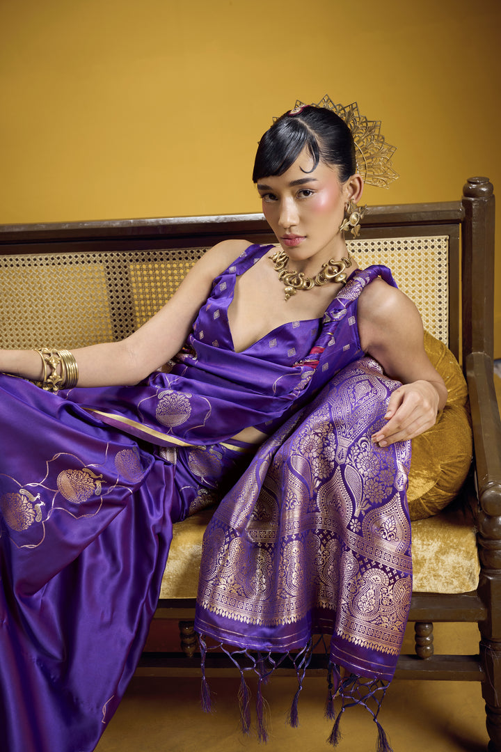 Royal Purple Satin Handloom Saree with Gold Woven Pallu