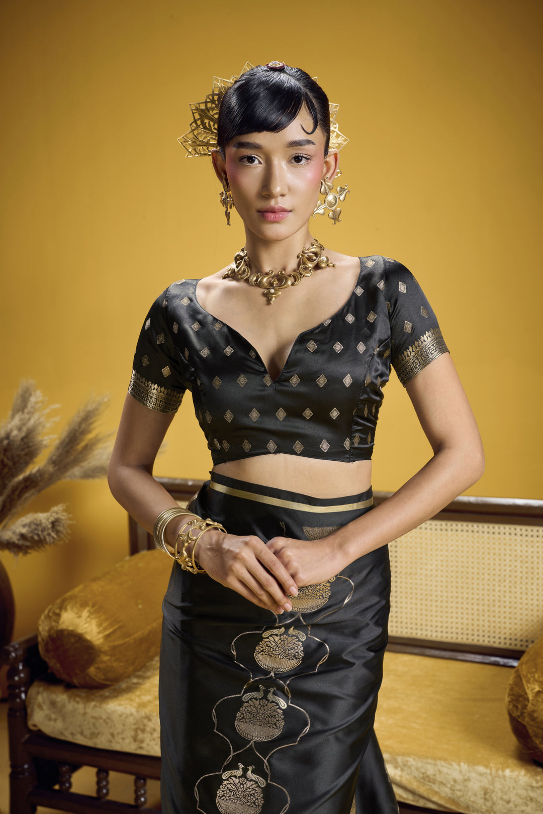 Classic Black Satin Handloom Saree with Rich Gold Woven Pallu