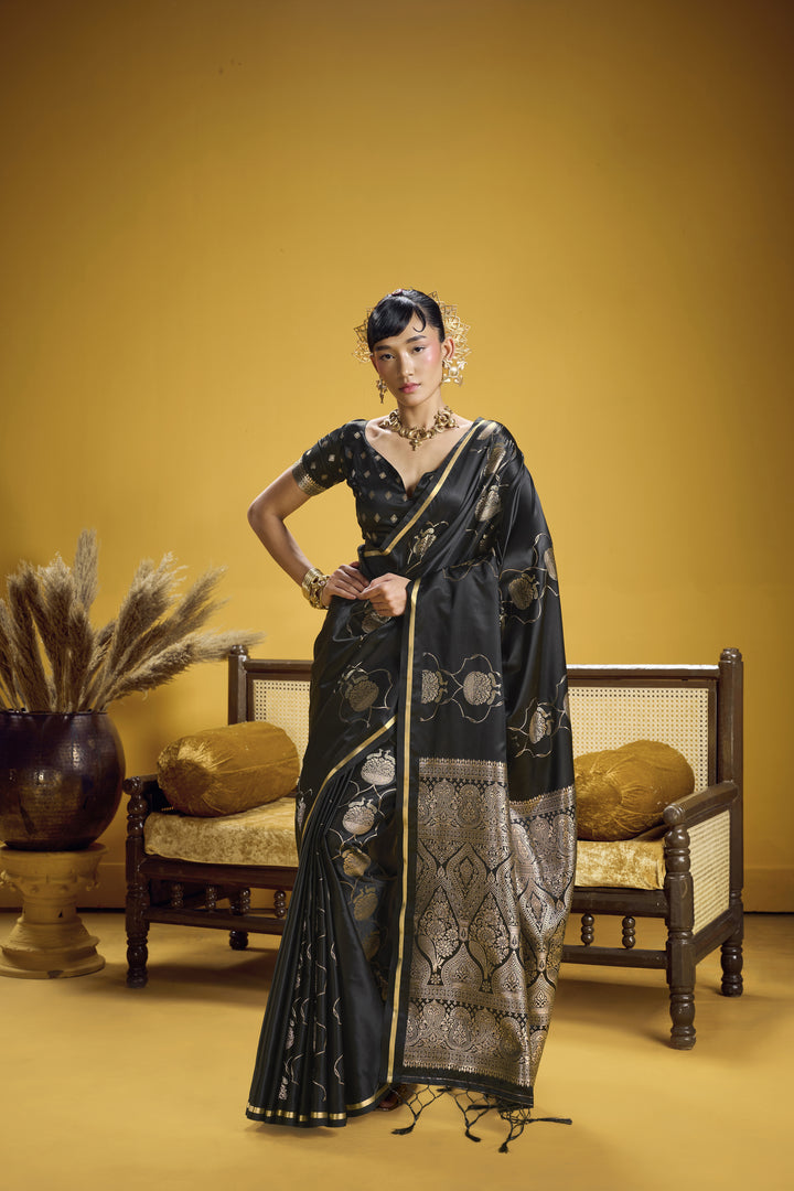 Classic Black Satin Handloom Saree with Rich Gold Woven Pallu