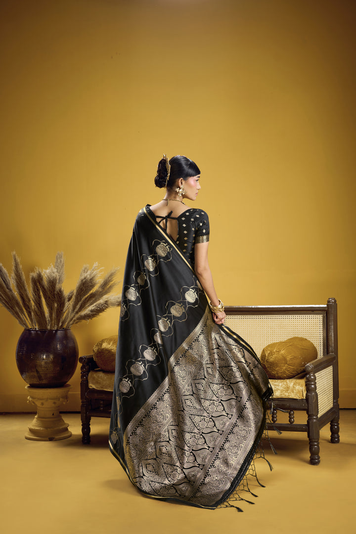 Classic Black Satin Handloom Saree with Rich Gold Woven Pallu