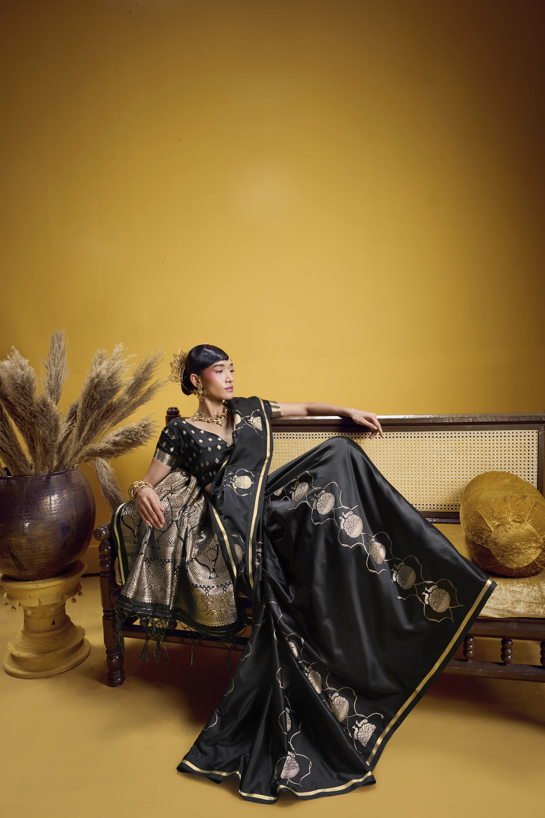 Classic Black Satin Handloom Saree with Rich Gold Woven Pallu