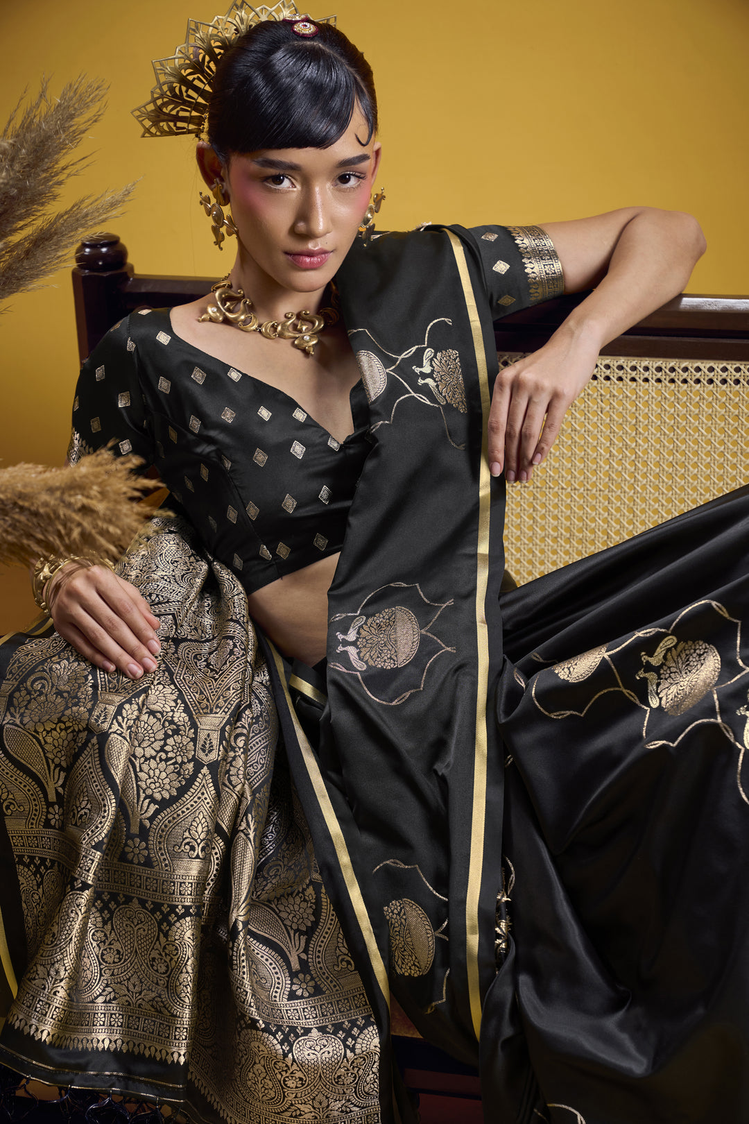 Classic Black Satin Handloom Saree with Rich Gold Woven Pallu