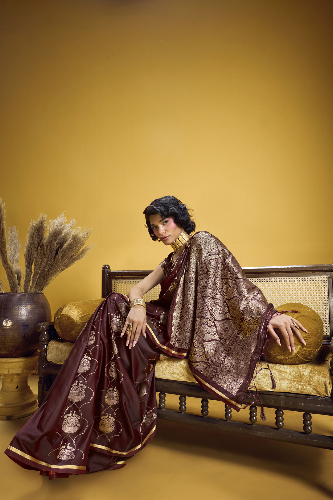 Rich Maroon Satin Handloom Saree with Gold Woven Motifs & Grand Pallu