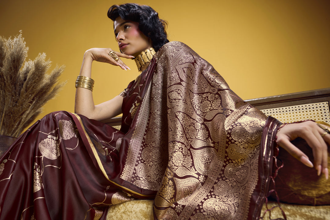 Rich Maroon Satin Handloom Saree with Gold Woven Motifs & Grand Pallu