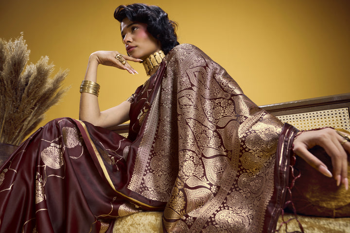 Rich Maroon Satin Handloom Saree with Gold Woven Motifs & Grand Pallu