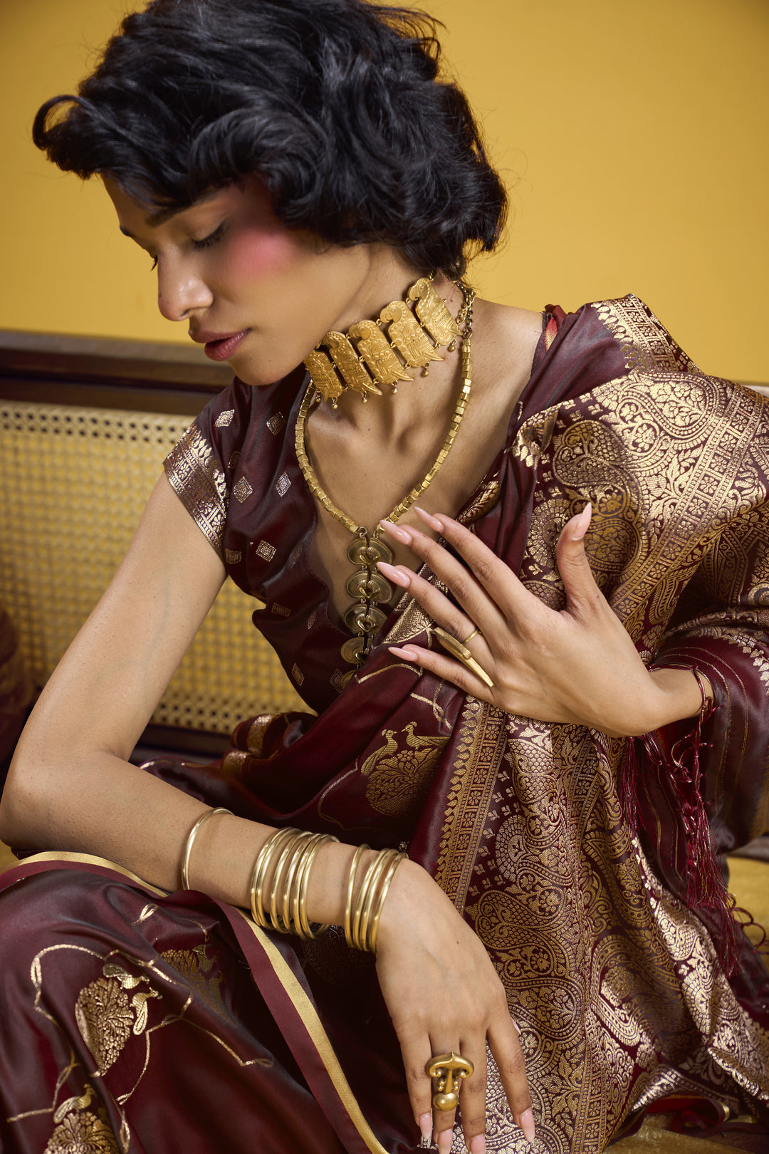 Rich Maroon Satin Handloom Saree with Gold Woven Motifs & Grand Pallu