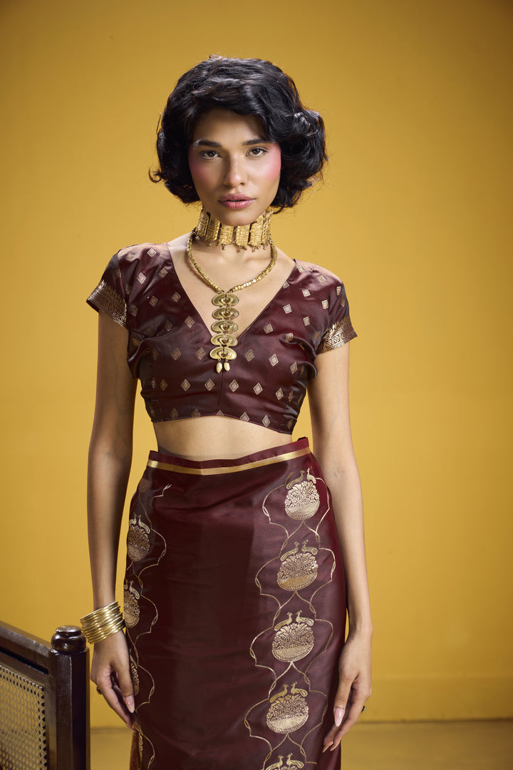 Rich Maroon Satin Handloom Saree with Gold Woven Motifs & Grand Pallu