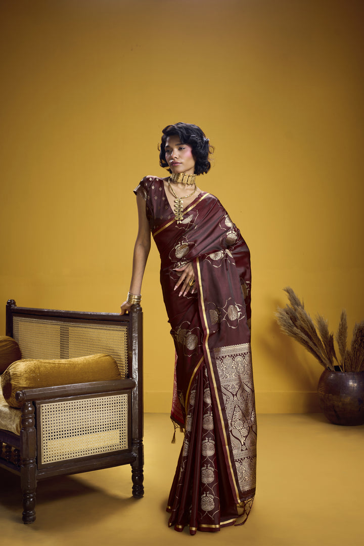Rich Maroon Satin Handloom Saree with Gold Woven Motifs & Grand Pallu