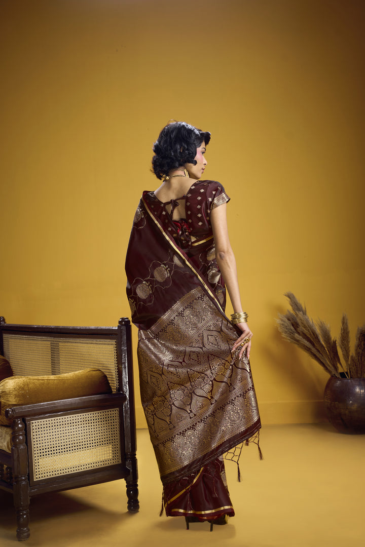 Rich Maroon Satin Handloom Saree with Gold Woven Motifs & Grand Pallu
