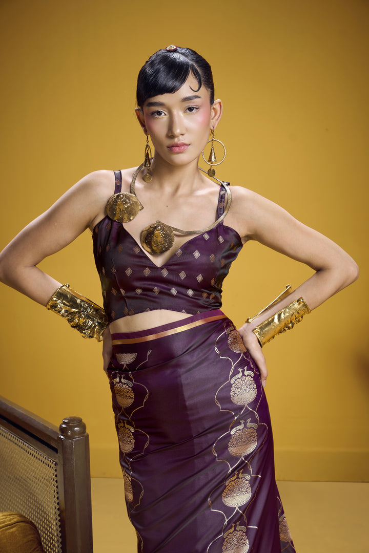 Wine Purple Satin Handloom Saree with Elegant Gold Woven Motifs