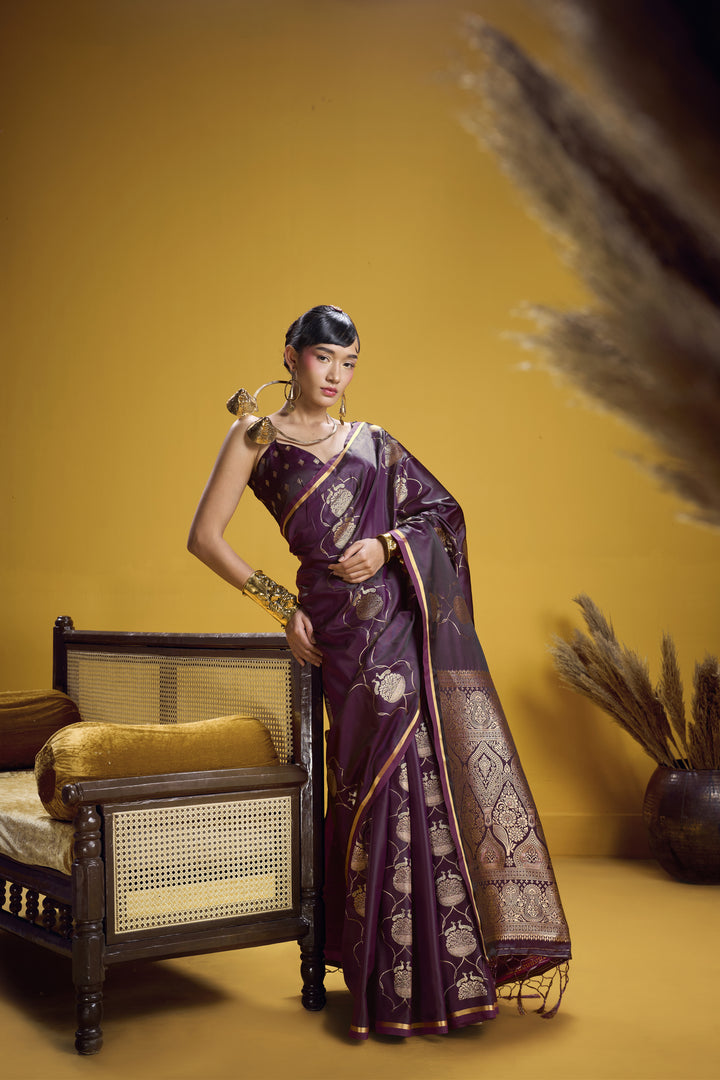 Wine Purple Satin Handloom Saree with Elegant Gold Woven Motifs