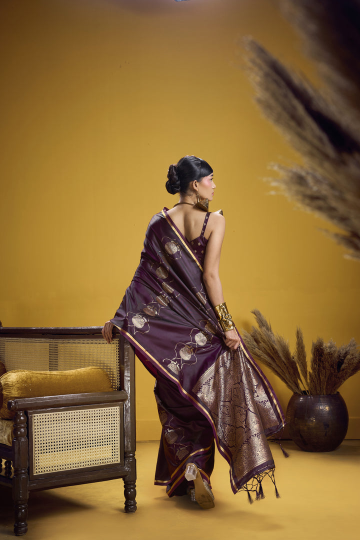 Wine Purple Satin Handloom Saree with Elegant Gold Woven Motifs