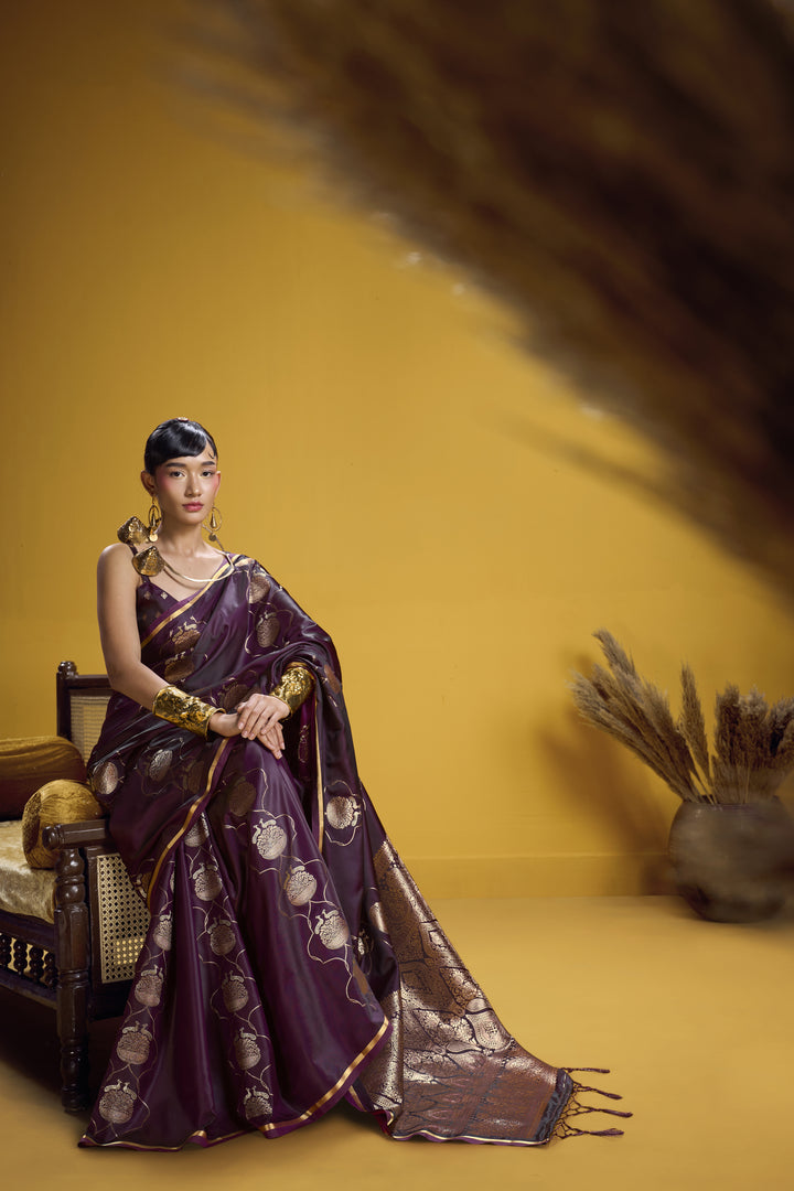 Wine Purple Satin Handloom Saree with Elegant Gold Woven Motifs