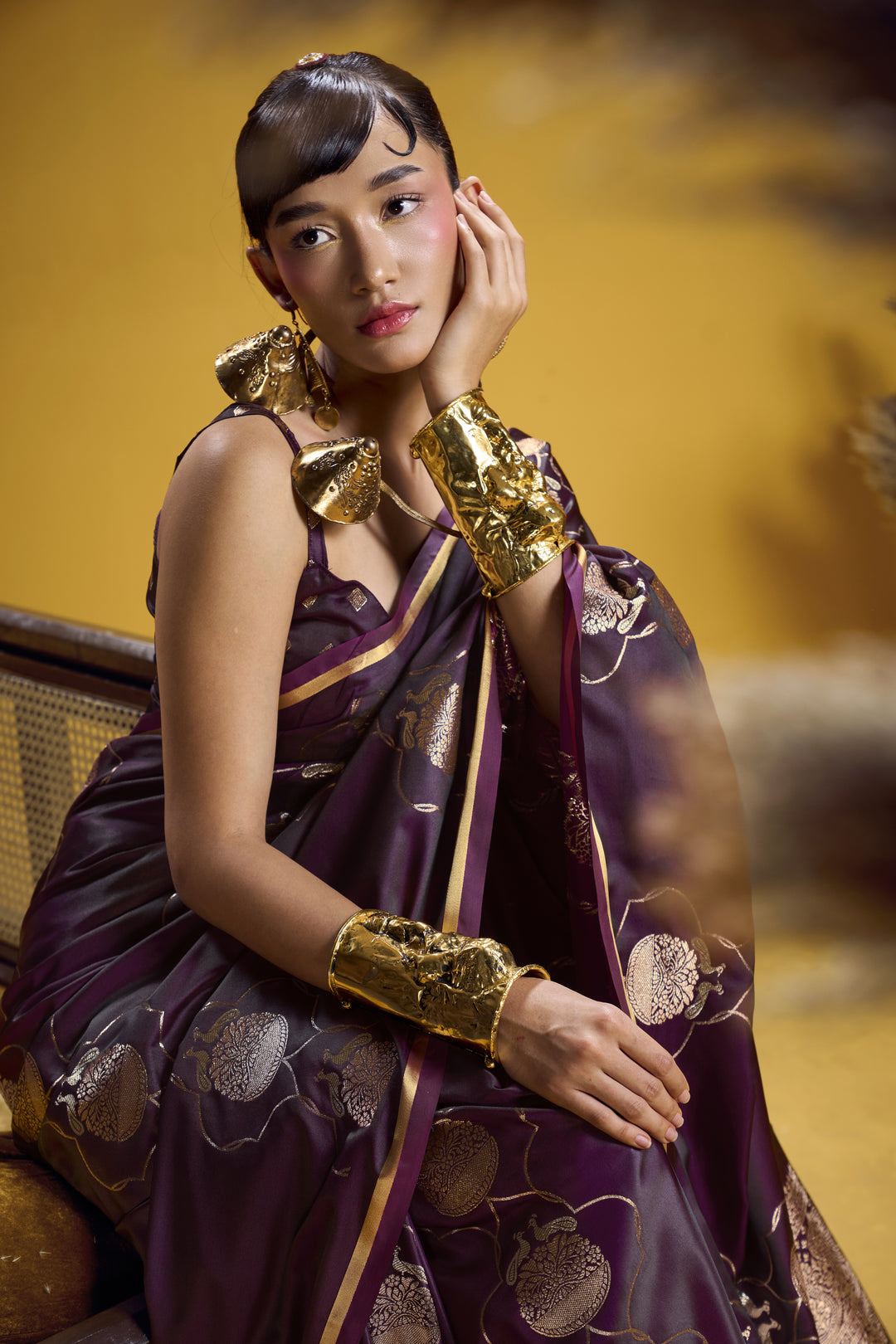 Wine Purple Satin Handloom Saree with Elegant Gold Woven Motifs