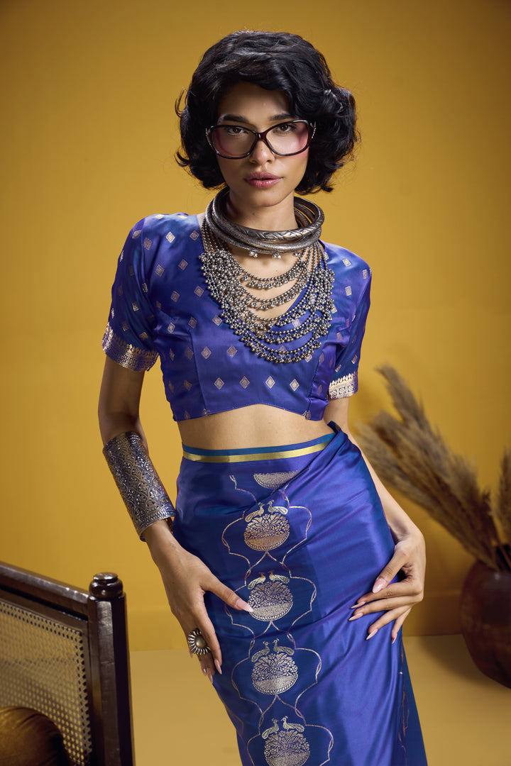 Royal Blue Satin Handloom Saree with Gold Woven Motifs & Rich Pallu