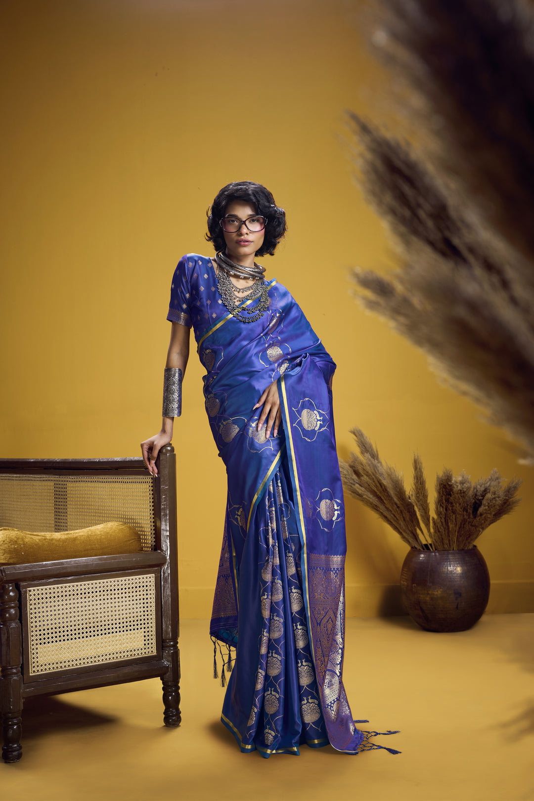 Royal Blue Satin Handloom Saree with Gold Woven Motifs & Rich Pallu