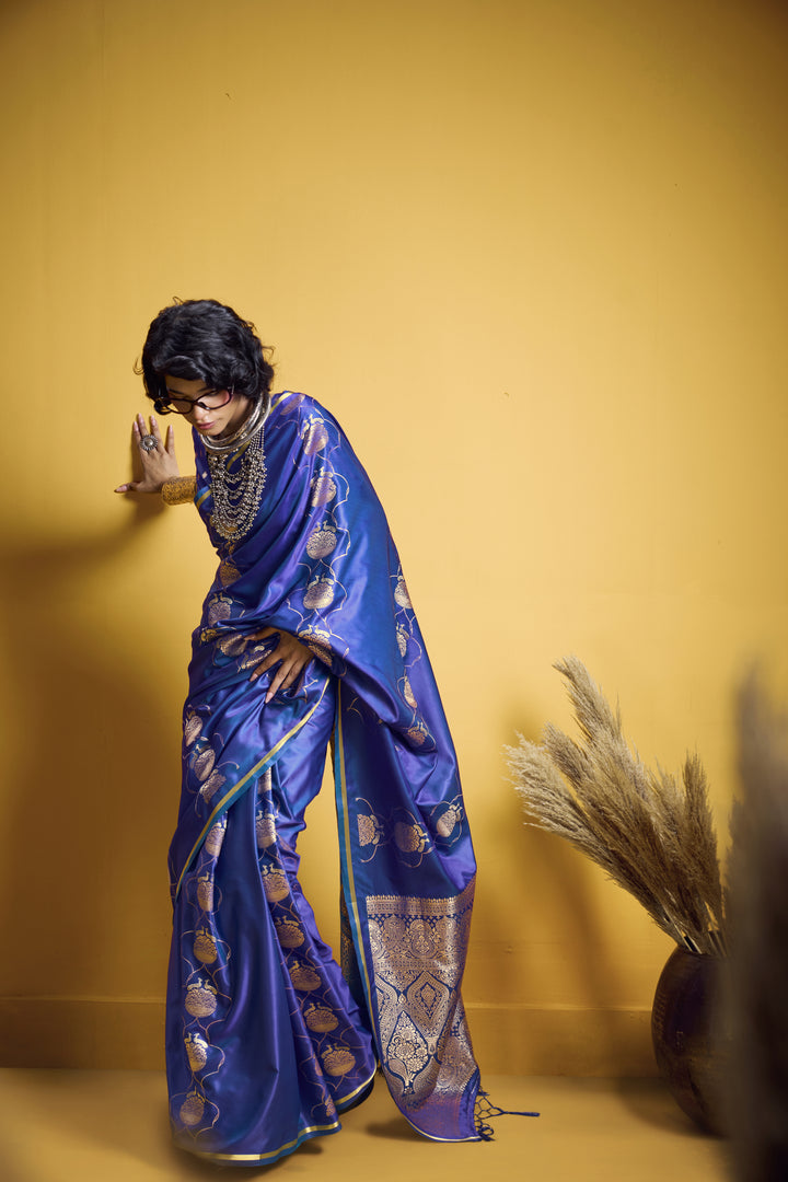 Royal Blue Satin Handloom Saree with Gold Woven Motifs & Rich Pallu