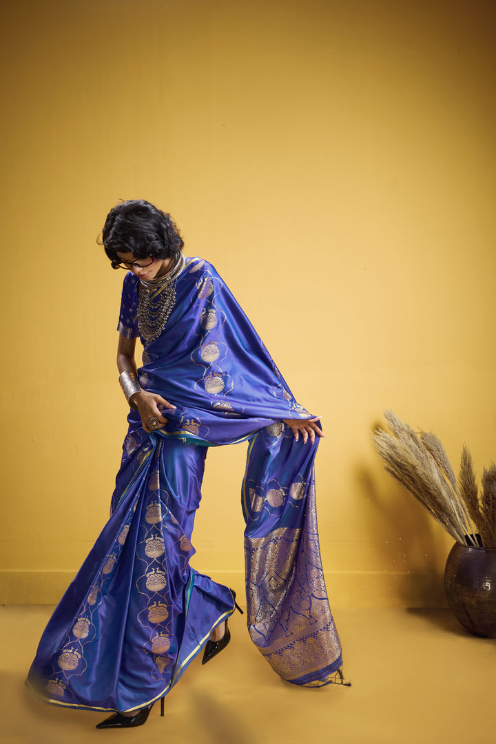 Royal Blue Satin Handloom Saree with Gold Woven Motifs & Rich Pallu