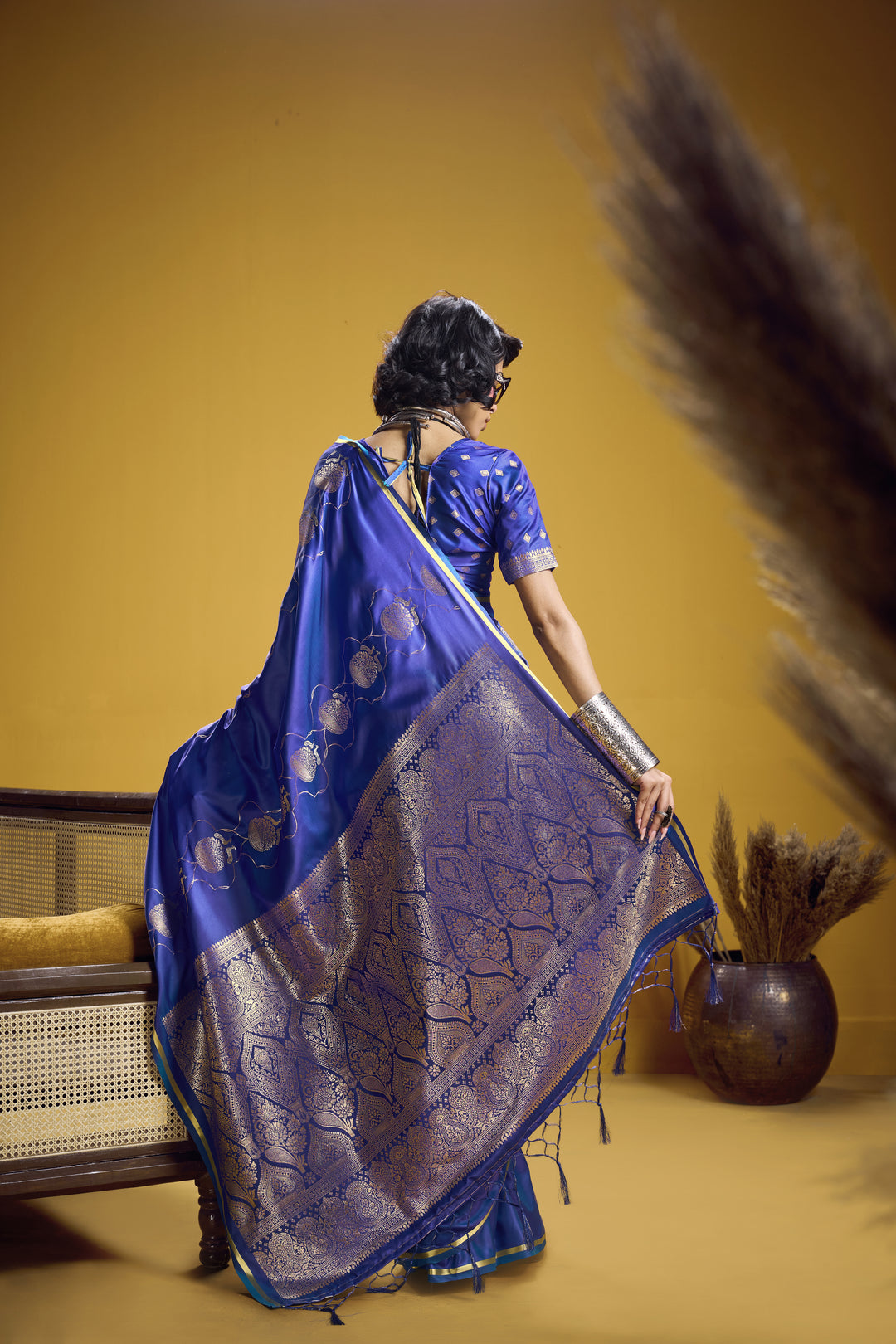 Royal Blue Satin Handloom Saree with Gold Woven Motifs & Rich Pallu