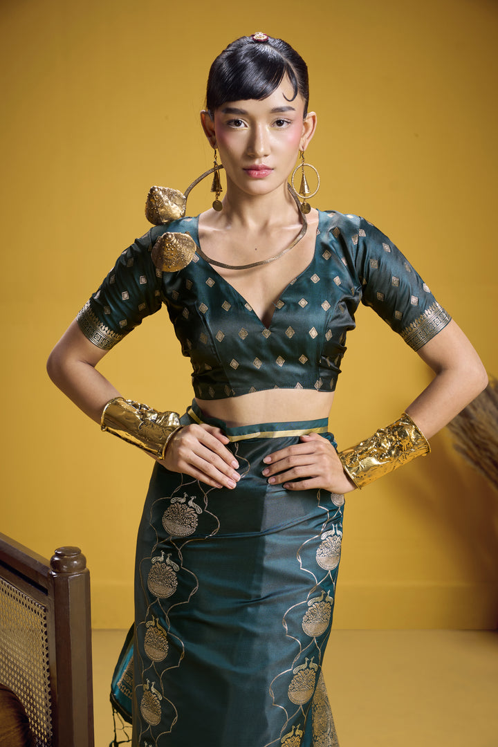 Elegant Bottle Green Satin Handloom Saree with Gold Woven Motifs