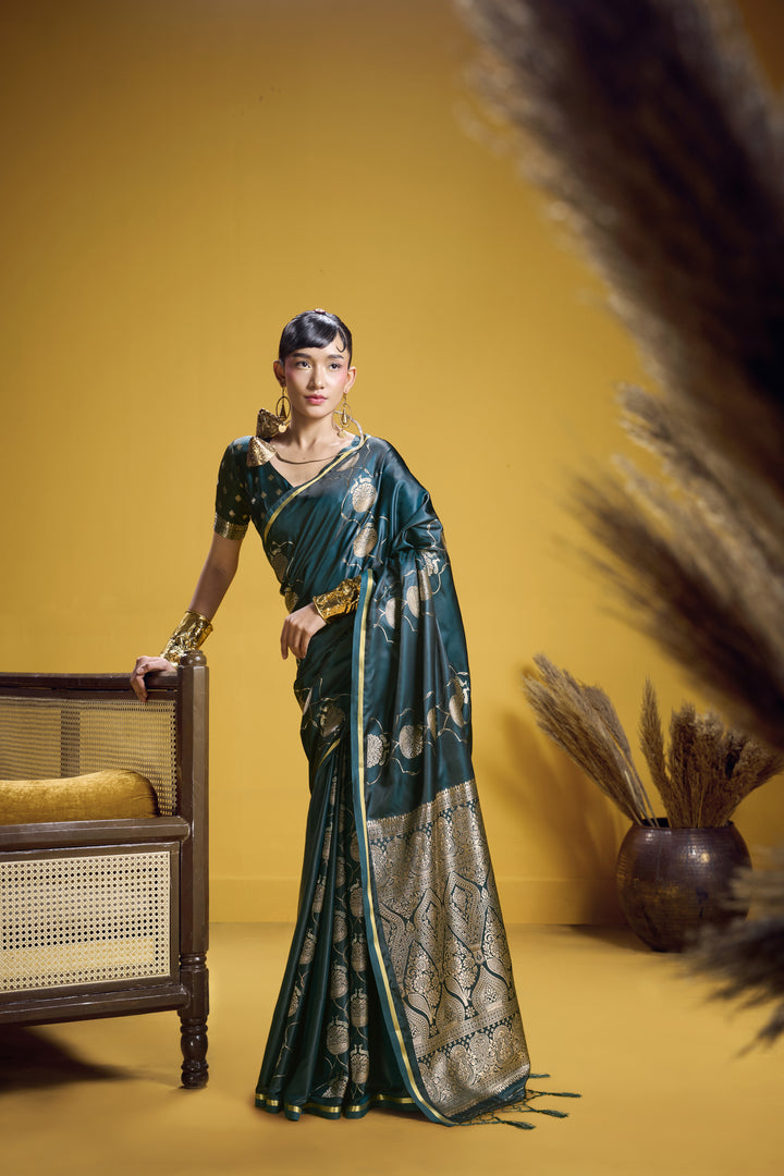 Elegant Bottle Green Satin Handloom Saree with Gold Woven Motifs