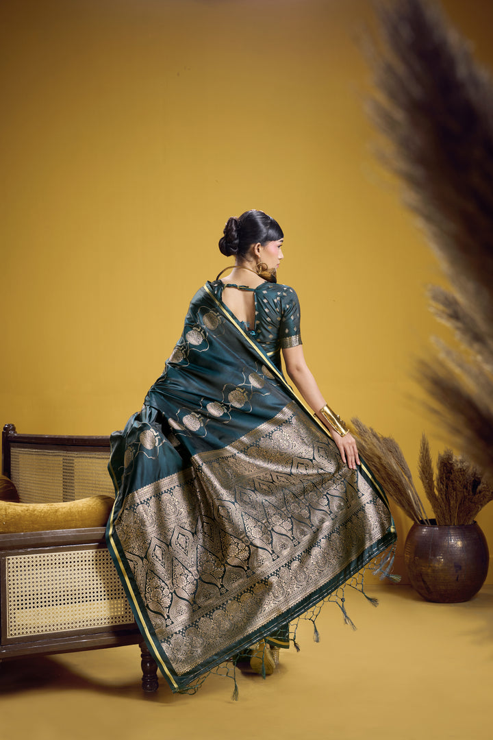 Elegant Bottle Green Satin Handloom Saree with Gold Woven Motifs