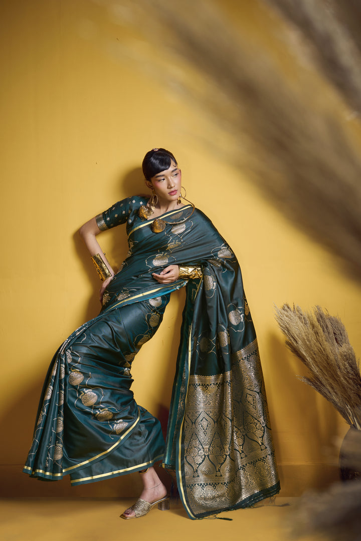Elegant Bottle Green Satin Handloom Saree with Gold Woven Motifs