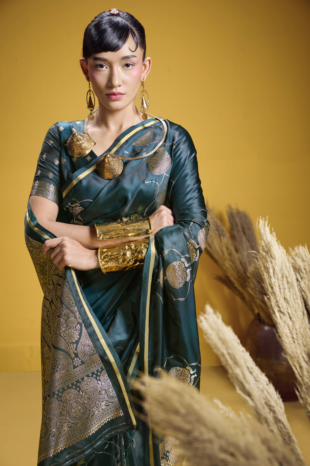 Elegant Bottle Green Satin Handloom Saree with Gold Woven Motifs