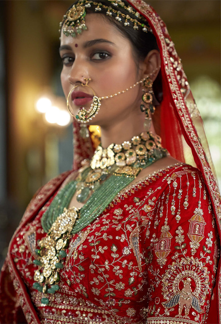 Imperial Scarlet Red Bridal Lehenga with Zardozi & Royal Peacock Embroidery