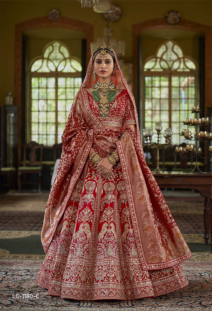 Imperial Scarlet Red Bridal Lehenga with Zardozi & Royal Peacock Embroidery